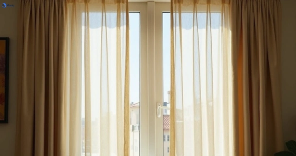 Dull dusty drapes in chambers-flat before professional cleaning